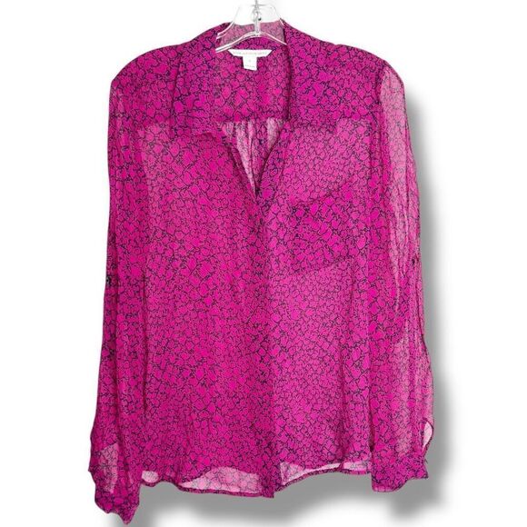 Diane Von Furstenberg Printed Button-Up Blouse Top in Purple Silk Women’s Size 8 - Picture 2 of 9